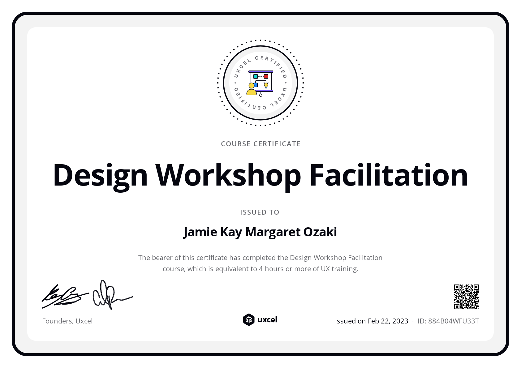 Jamie Ozaki's certificate